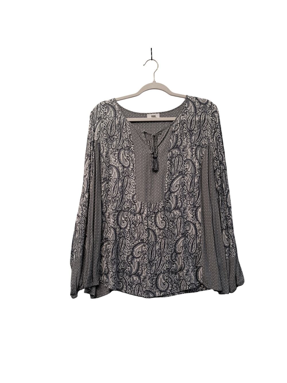J Jill Women's Floral Paisley Blouse Long Sleeves Tie Tassels Pull Over Boho LG